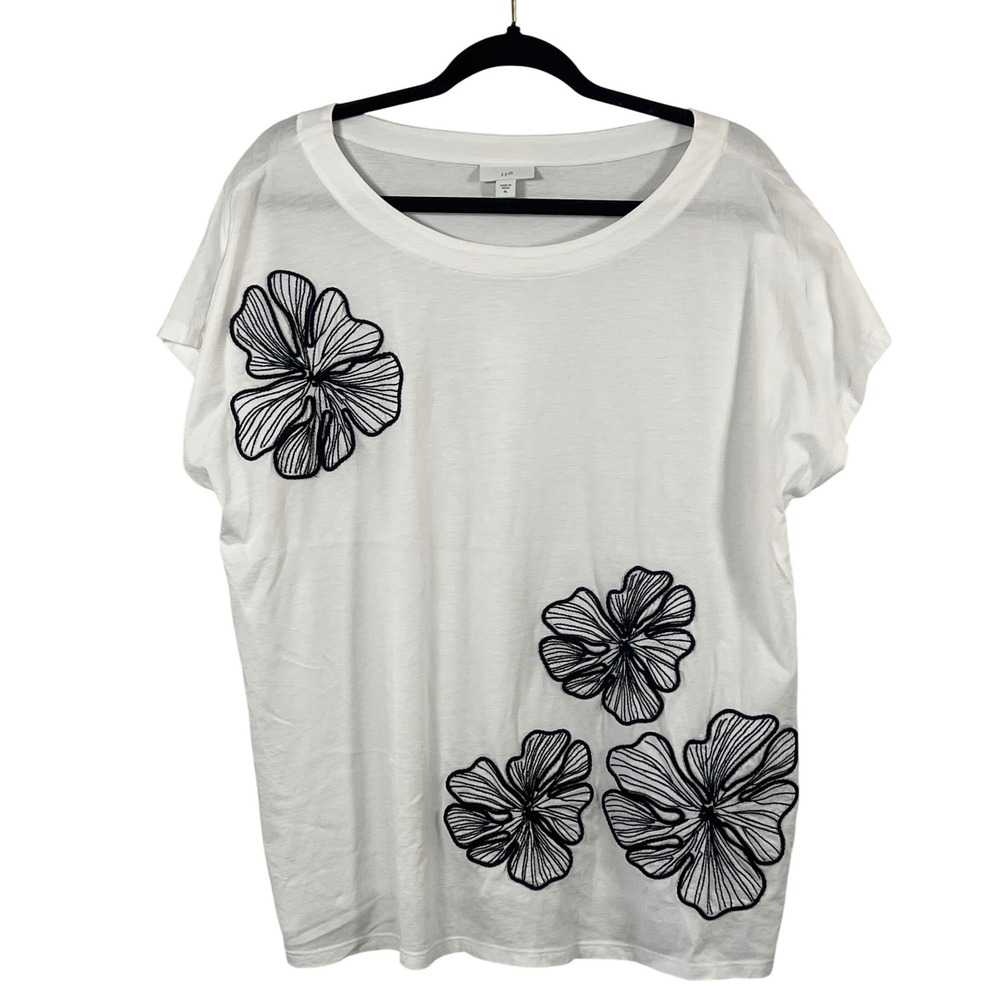J Jill White Black Embroidered Flowers XL Short Sleeve Top Cottage Boho Beach